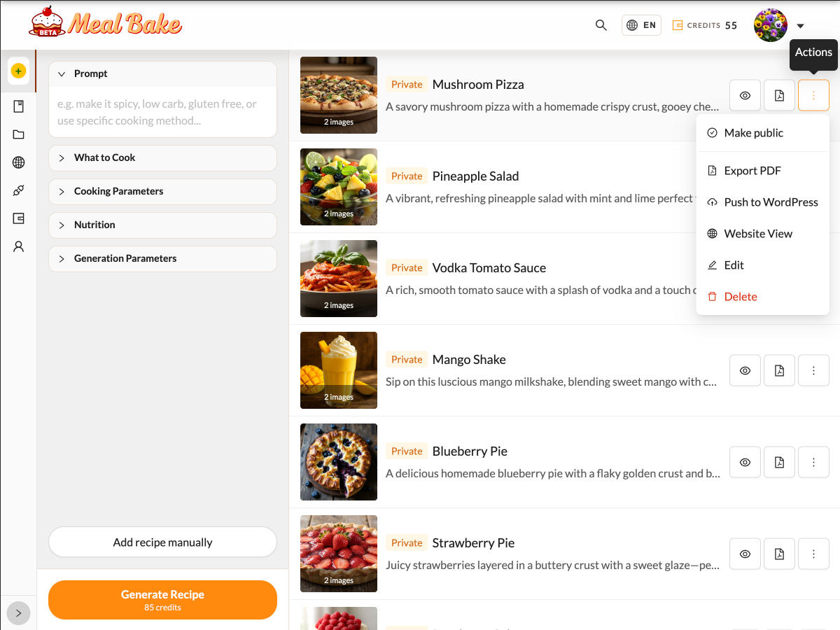 MealBake recipe actions menu showing the Push to WordPress option.