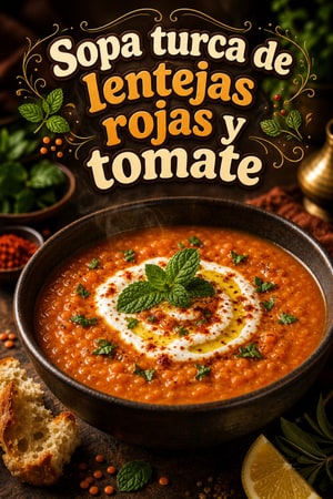 Sopa turca de lentejas rojas y tomate ahumado con menta
