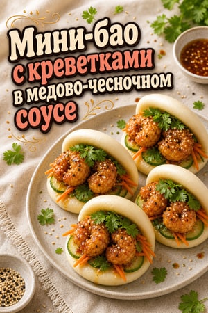 Мини-бао с хрустящими креветками в медово-чесночном соусе