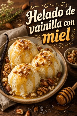 Helado de vainilla con miel tibia y frutos secos tostados