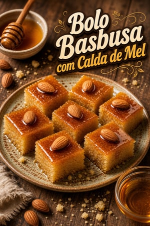 Bolo Basbusa de Sêmola com Calda de Mel e Amêndoas