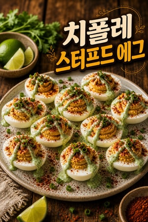 스모키 치폴레와 라임 향의 크리미 필링, 허브 요거트 드리즐을 얹은 파티용 한입 속채운 달걀