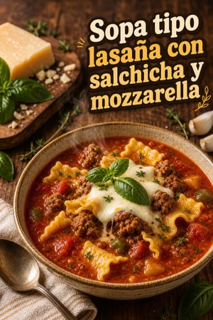 Sopa tipo lasaña con salchicha y mozzarella