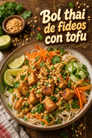 Bol vibrante de fideos de arroz tailandés con tofu