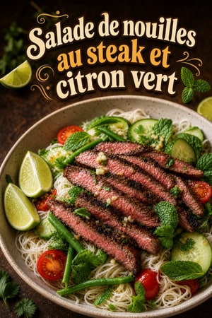 Salade de nouilles de riz au steak, ail et citron vert
