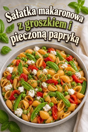 Letnia sałatka makaronowa z groszkiem i pieczoną czerwoną papryką