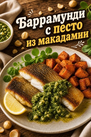 Жареная баррамунди с изысканным песто из макадамии