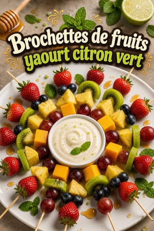 Brochettes de fruits festives et dip yaourt miel-citron