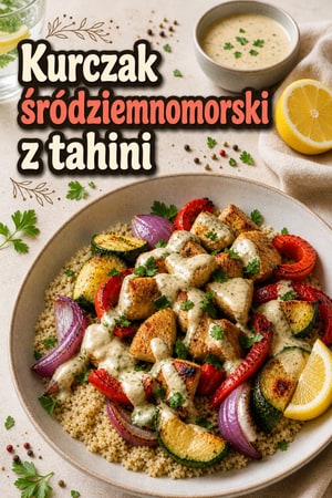 Pieczony kurczak po śródziemnomorsku z tahini i komosą