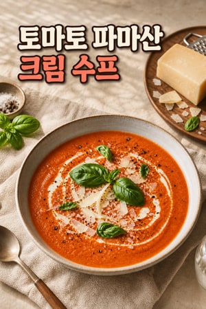 크림 토마토 파마산 스프 - 신선한 바질을 곁들인