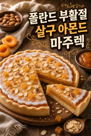 폴란드 부활절 마주렉: 아몬드와 살구 잼을 얹은 바삭한 쇼트브레드 타르트, 광택 아이싱으로 마무리