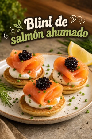 Blini de salmón ahumado con crème fraîche y caviar