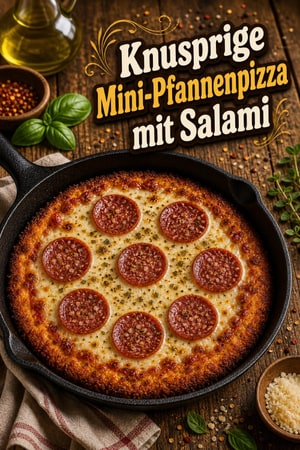 Knusprige Mini-Pfannenpizza mit Salami aus dem Gusseisen
