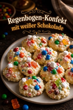 Regenbogen-Süßigkeiten mit bunten Bonbons und weißer Schokolade