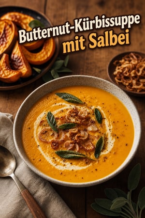 Aromatische Butternut-Kürbis-Suppe mit Salbei und knusprigen Schalotten