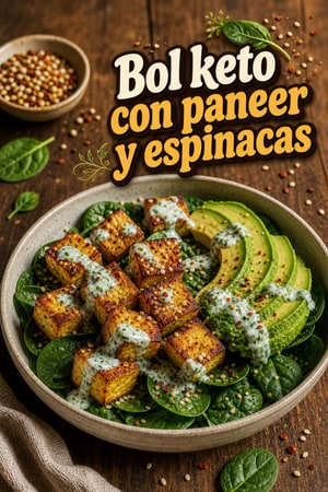 Bol keto alto en proteína con paneer, espinacas y aguacate