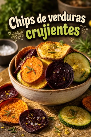 Chips crujientes de verduras en freidora con hierbas y limón