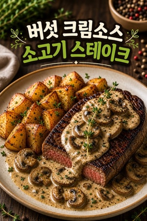 버터 소스의 소고기 스테이크와 감자, 버섯 요리