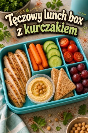 Tęczowy bento box z kurczakiem i hummusem do szkoły