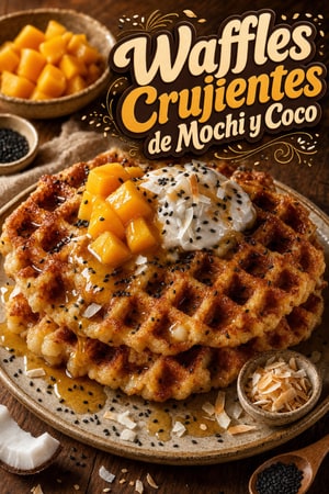 Waffles de Mochi y Coco Crujientes con Sésamo Negro Tostado