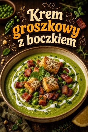 Krem groszkowy z boczkiem i grzankami parmezanowymi
