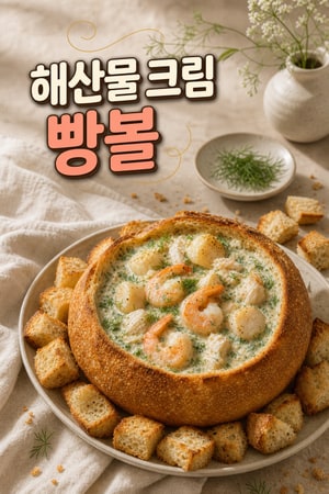 크리미 딜 소스를 곁들인 해산물 속을 채운 소르다냥 빵 그릇