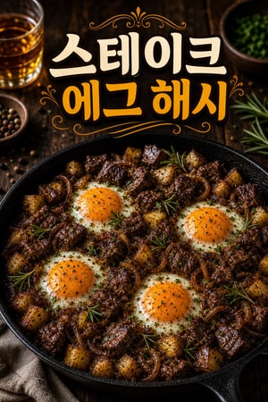 버번 풍미의 양파를 곁들인 든든한 스테이크 에그 해쉬 레시피