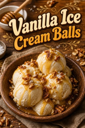 Vanilla Ice Cream Balls with Warm Honey and Toasted Nuts