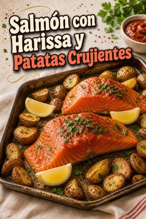 Salmón al Horno con Harissa Picante y Patatas Crujientes