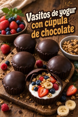 Vasitos de yogur con cúpula de chocolate y fruta fresca