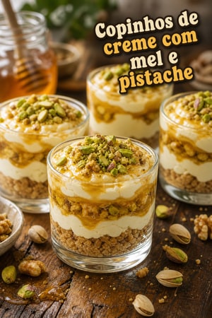 Copinhos de creme com mel e pistache