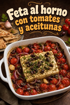 Feta al horno con tomates y aceitunas