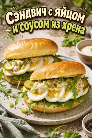 Сэндвич с ломтиками яйца и соусом из дижонской горчицы и хрена