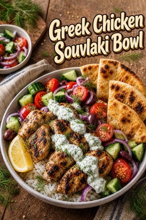 Greek Chicken Souvlaki Bowls with Tzatziki and Crispy Pita