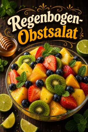 Regenbogen-Obstsalat mit Honig-Limetten-Dressing und Minze