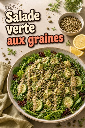 Salade de jeunes pousses aux graines et sauce tahini-citron