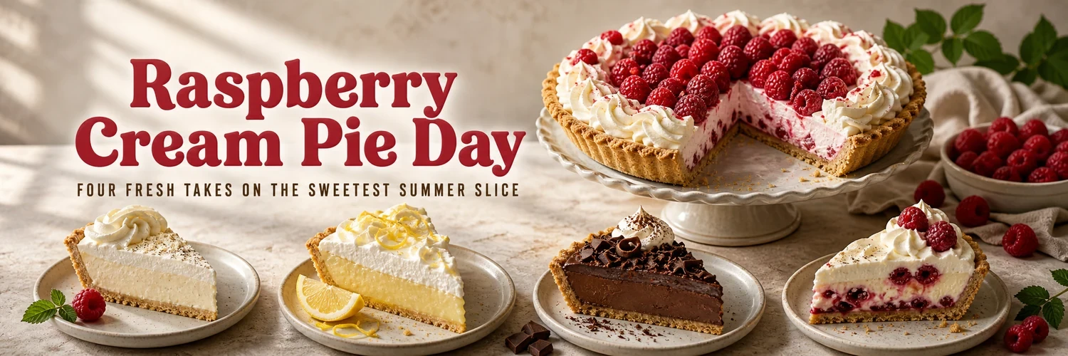 Raspberry cream pie and assorted slices beside the Raspberry Cream Pie Day headline