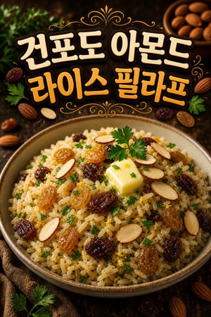 향긋한 건포도 아몬드 라이스 필라프 — 버터와 허브로 완성한 간단한 저녁 반찬, 축제 분위기