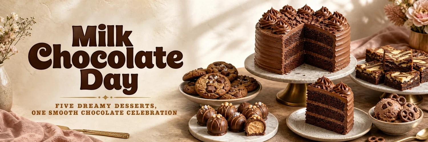 Milk chocolate dessert table with layer cake, cookies, brownies, truffles, and pretzel ice cream