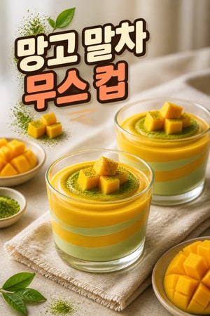 망고 말차 스월 무스 컵 - 우아한 두 가지 색상의 디저트