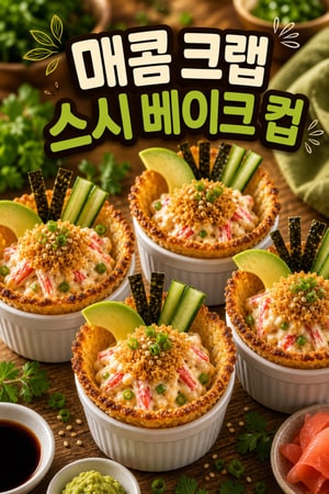 스시 베이크 컵: 매콤 크랩과 바삭 판코 토핑 한입 파티 레시피