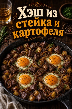 Сытный хэш из стейка с картофелем и луком в бурбоне