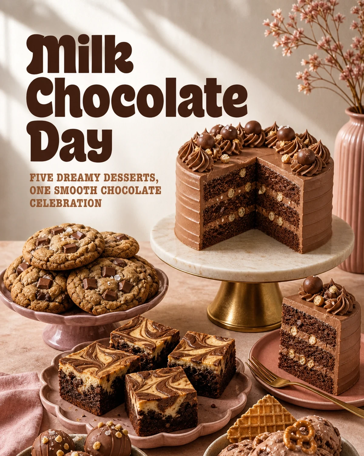 Portrait milk chocolate spread with cake, cookies, brownies, truffles, and pretzel ice cream
