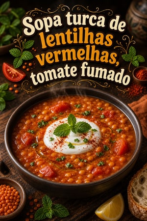 Sopa turca de lentilhas vermelhas, tomate fumado e hortelã