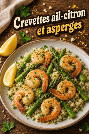 Crevettes Acidulées à l'Ail, Citron, Asperges et Riz de Chou-fleur