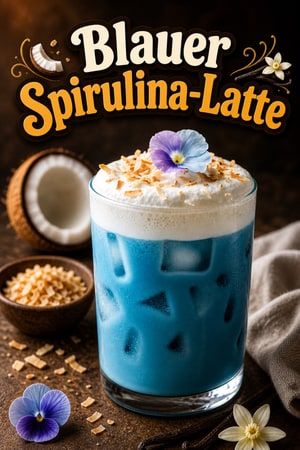 Eisiger Blauer Spirulina-Latte mit Kokos-Vanille-Schaum