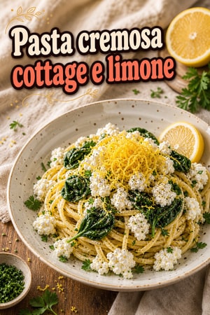 Pasta cremosa con cottage, limone, erbette e spinaci