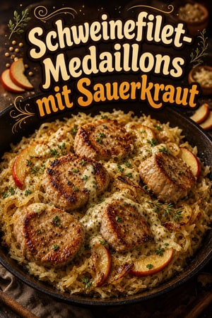 Schweinefilet-Medaillons mit warmem Sauerkraut, Senf-Joghurt