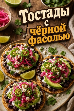 Хрустящие тостады с чёрной фасолью и маринованными овощами