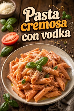 Pasta cremosa con vodka, tomates San Marzano y albahaca